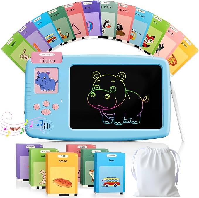 Talking Flash Cards for Toddlers - 2-in-1 LCD Writing Tablet Kids - Montessori Language Learning with 510 Words - Autism & Speech Therapy Toys for Children Gifts, Blue