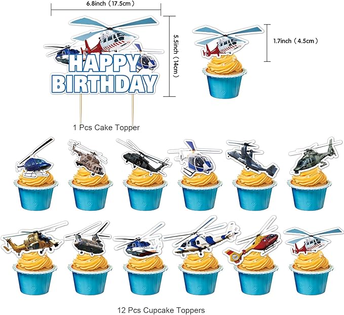 Helicopter Birthday Party Supplies Helicopter Party Decorations Airplane Themed Party Supplies Includes Balloons Birthday Banner, Spirals, Cake Cupcake Toppers for Helicopter Aviator Aviation Party
