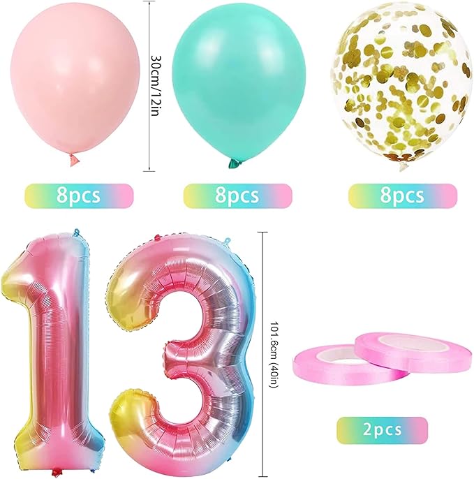 13th Birthday Decorations for Girls Gradient color Age 13 Birthday Balloons with Happy Birthday Banner for Baby Showers Thirteenth Birthday Party Supplies for Girls Boys (13th-Birthday)