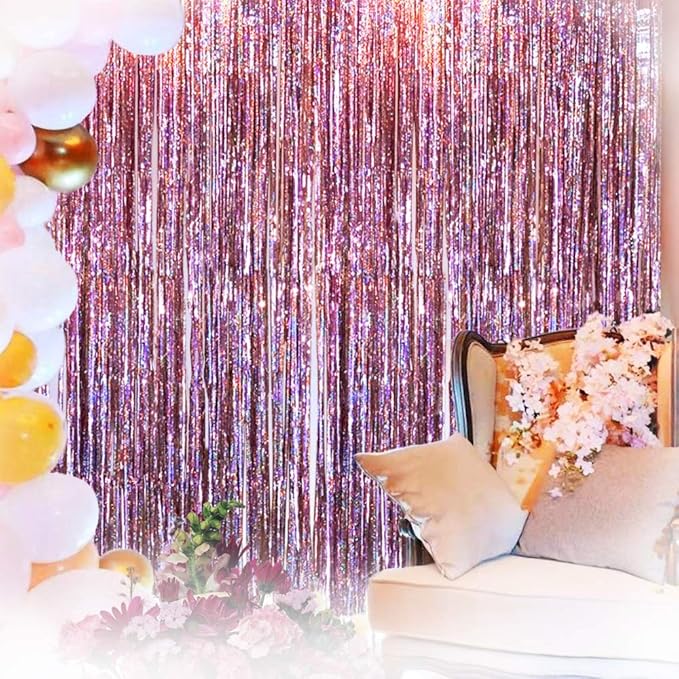 Pink Tinsel Foil Curtain Unicorn Party Supplies Fun Photo Booth Backdrop Props for Baby Shower Wedding Girls Birthday Iridescent Party Decorations(2 Packs, 3.2 * 6.5 Ft)