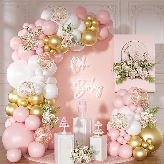 Pink and White Balloon Arch Kit, 138 Pcs Pink and Gold Balloon Garland Arch Kit Include Pastel Pink White Gold Confetti Balloons for Birthday Baby Shower Wedding Bridal Shower Party