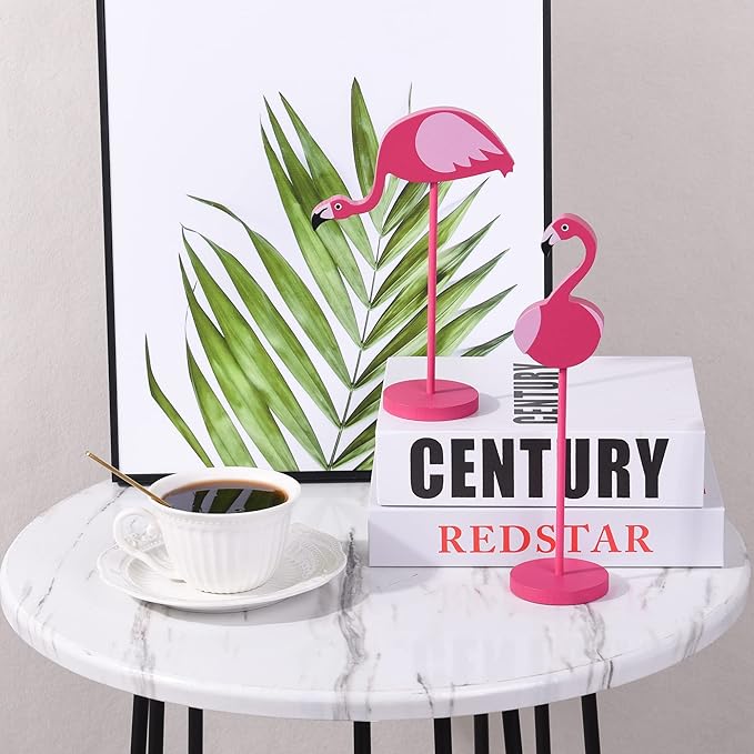 4Pcs Flamingo Wood Tall Standing Block Set Christmas Pink Flamingo Table Sign Tropical Bird Table Centerpieces Toppers for Home Office Desk Tier Tray Decor Party Supplies