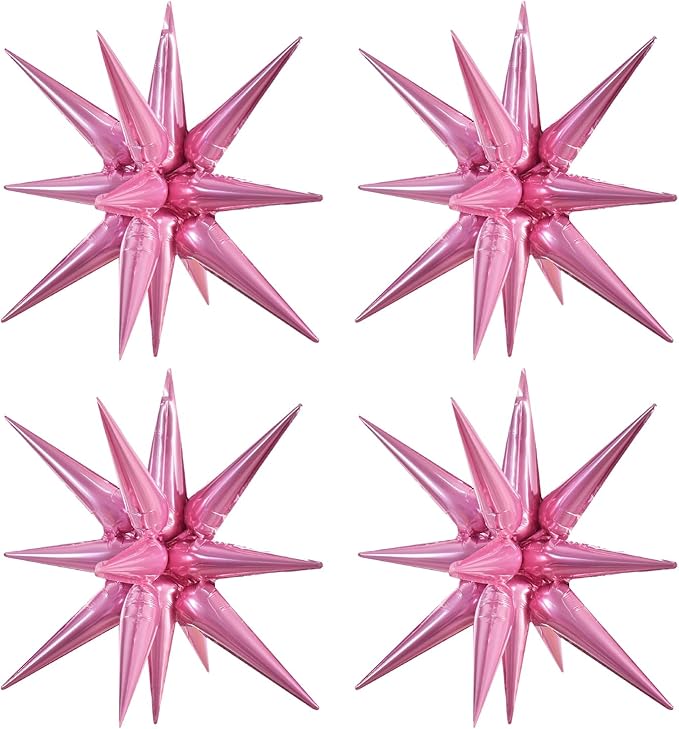 TONIFUL 4 Pcs 22inch 4D Pink Explosion Star Foil Balloons 14Point Light Pink Star Mylar Balloons for Party Backdrop Christmas New Year Birthday Wedding Baby Shower Anniversary Photo Booth Supplies