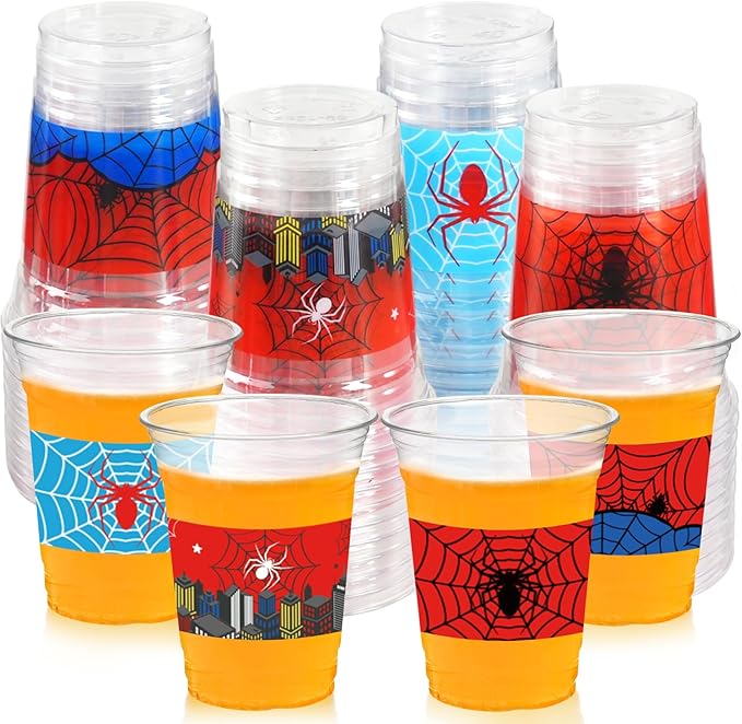 100Pcs Spider Web Birthday Party Decorations Cups, 12 OZ Disposable Plastic Drinking Cups Hot Cold Drink Wine Coffee for Home Sports Birthday Christmas Themed Holiday Party Supplies Favors