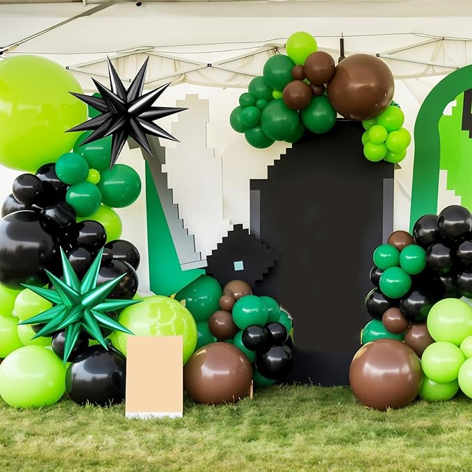 Green and Brown Balloon Garland Arch Kit,Brow Green and Black Balloons Garland Kit with 2pcs Star Foil Balloons for Video Theme Jungle Safari Game Party Baby Shower Graduation Birthday Decorations