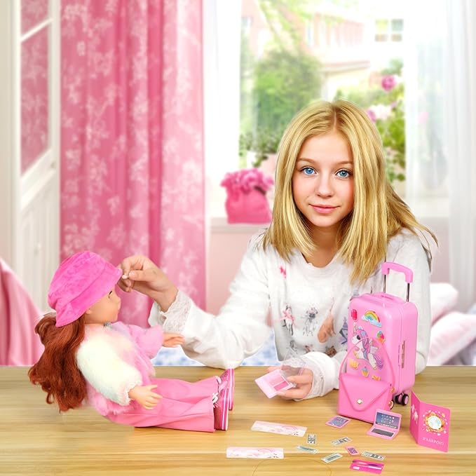 26 PCS American18 inch Doll Clothes and Accessories -Travel Suitcase Luggage, Clothes and Shoes, Bag, Sunglasses, Camera, Passport, Notebook, Phone, pad Travel Gear Play Set(No Doll)