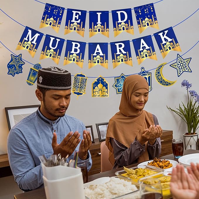 AhfuLife Eid Mubarak Banner Decorations, Pre-tied Eid Mubarak Bunting Banner Party Supplies for Home Outdoor Umrah Mubarak Party Decor Moon Star Garland