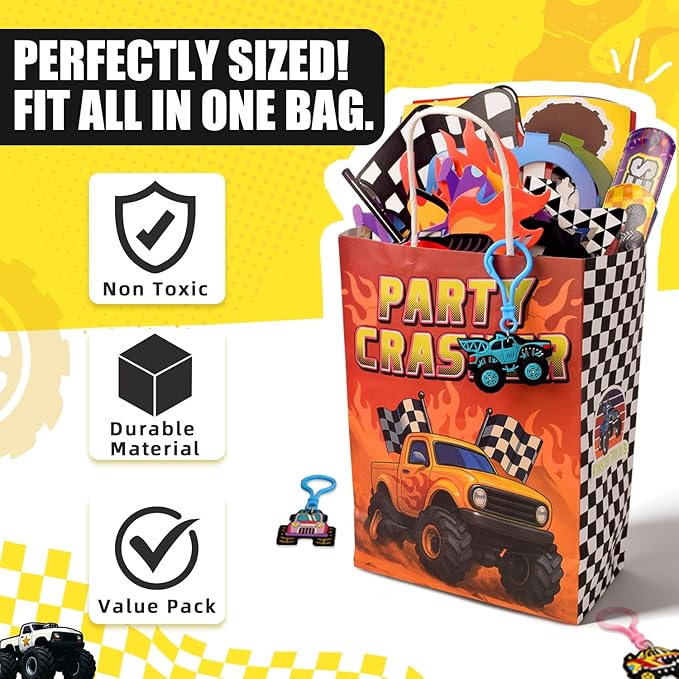 122 Pcs Monster Truck Party Favors, Truck Birthday Party Supplies Include Goodie Bags, Bracelets, Keychains, Stickers, Paper Glasses, Off-Road Racing Theme Pinata Fillers Classroom Rewards