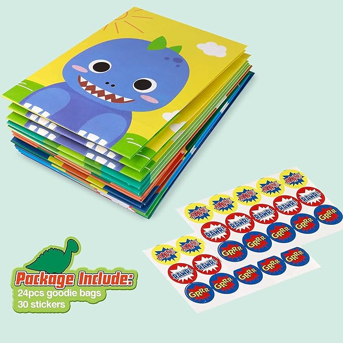 Mocoosy 24Pcs Dinosaur Party Favor Bags, Kids Goodie Bags for Birthday Favor Supplies, Dinosaur Candy Treat Bags Small Paper Gift Wrap Bags for Dinosaur Theme Birthday Party Baby Shower Decorations