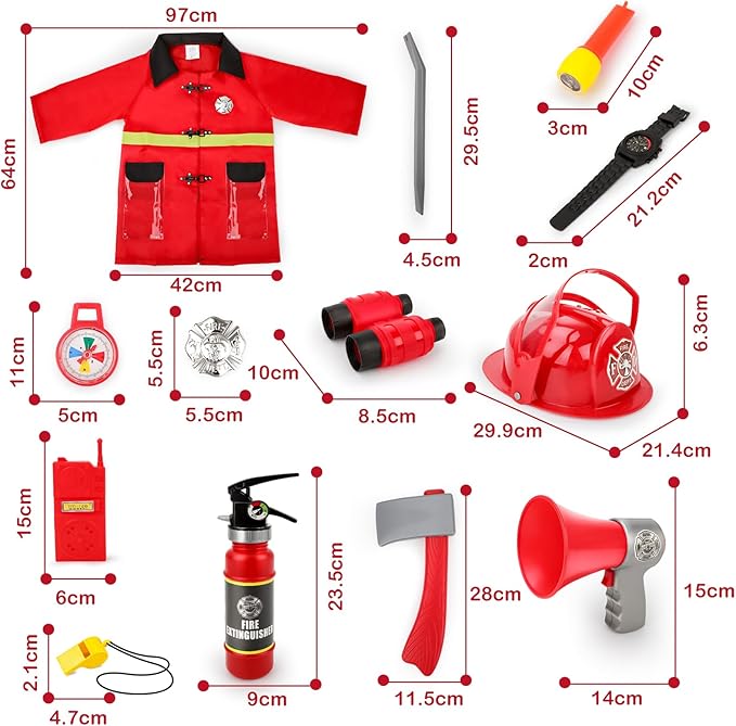 deAO Fireman Costume for Kids, 13 Pcs Fire Fighter with Toys Accessories Set with Washable Storage and Extinguisher, Kids Fireman Dress Up Clothes Pretend Play Toy Birthday Gifts for Boys Girls