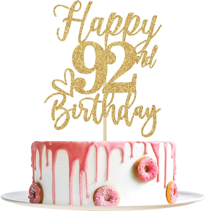 Happy 92nd Birthday Cake Topper - Cheers to 92 Years, Fabulous Gold Glitter Party Supplies