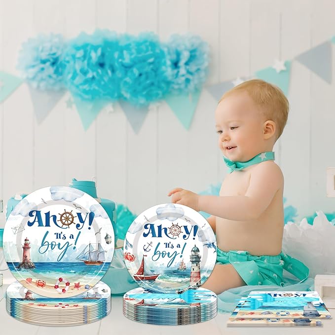 Ahoy Its a Boy Baby Shower - Nautical Themed Plates and Napkins Party Supplies Ahoy Nautical Boy Baby Shower Party Decorations Paper Disposable Tableware Set Serve 24 Guests