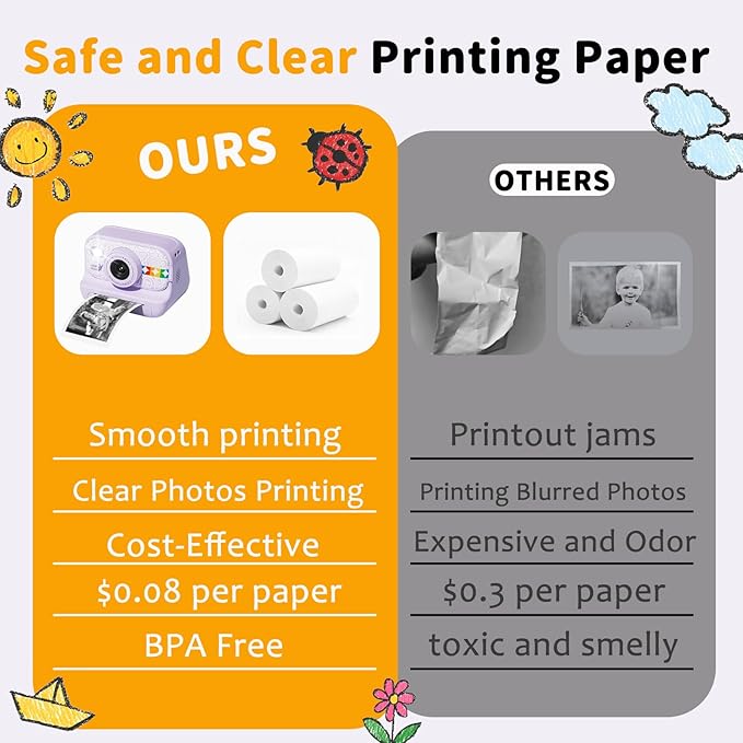 Instant Print Camera for Kids, Christmas Birthday Gifts for Girls Boys Age 3-12, Thermal Printing,1080P Digital Video Portable Travel Toddler Toy Camera Purple
