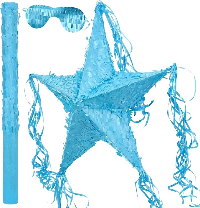 Hanaive Foil Star Piñata with Blindfold and Bat for Birthday Foldable Star Shape Piñata with Stick Festive Fiesta Party Supplies Favors for Mexican Party (Blue)