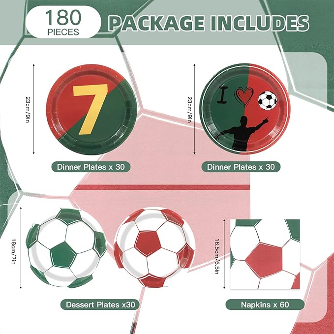 180Pcs Soccer Party Supplies Paper Plates and Napkins Serve 60 Disposable Tableware Set for Birthday Party Decorations Game Day Family Holiday Sports Events