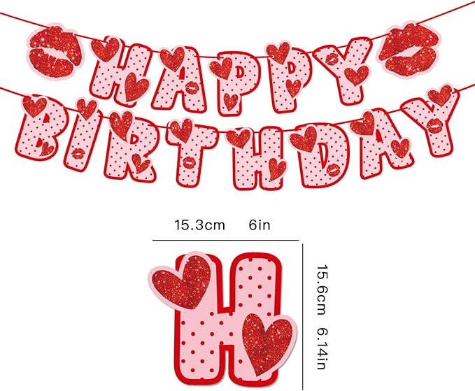 Zwiebeco Love Heart Happy Birthday Banner Red and Pink Glitter Sign Hanging Paper Party Decoration for Girls Women Accessories