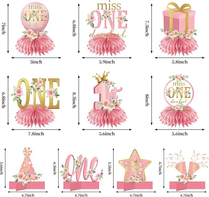 10Pcs Miss Onederful Birthday Decorations Honeycomb Centerpieces for Baby Girls, Pink Rose Gold 1st Birthday Table Centerpiece Party Supplies, Floral First Birthday Table Topper Sign Decor