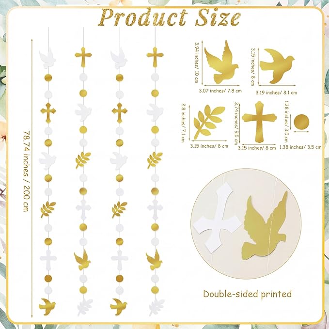 Frienda 8 Pcs Baptism Cross and Dove Garland Banner Christening God Bless Hanging Banners Decoration First Holy Communion Baby Shower Garlands Gold and White Christain Wedding Birthday Party Supplies