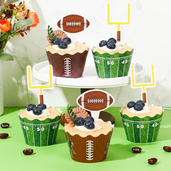 Nuenen 96 Pcs Football Cupcake Toppers and Wrappers Set Football Theme Cupcakes Decorations Sports Game Day Themed Cake Holders and Picks for Birthday Sport Party Decorations Supplies (Classic)