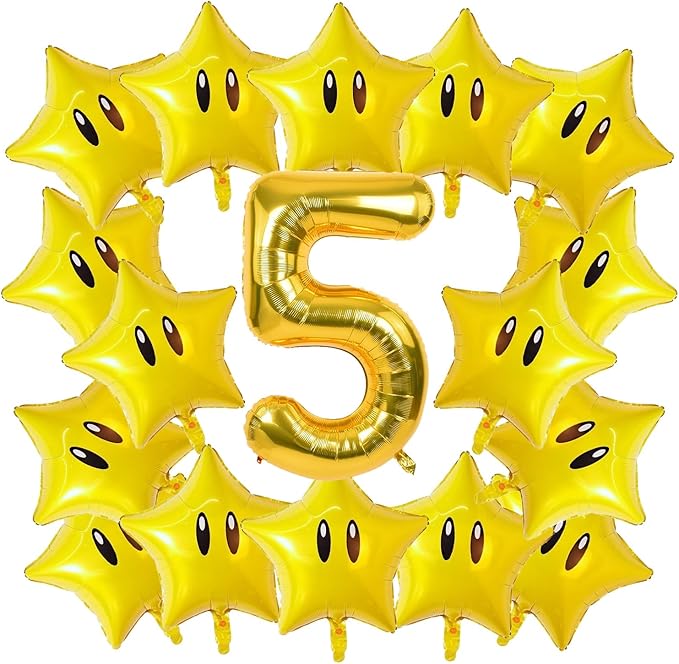 16PCS Foil Star Balloons, 40Inch Number 5 and Star Foil Balloons For Game Theme 5th Birthday Party Decorations Children Party Supply Party Decor （5th）