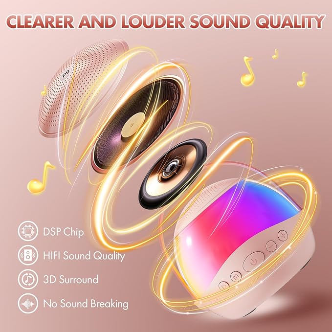 Mini Karaoke Machine Gifts for Kids Adults, Portable Karaoke Speaker with 2 Wireless Microphones, Kids Microphone with Speaker and LED Light, Birthday Gifts for Girls Boys 3-12+ Year Old (Pinkcolor)