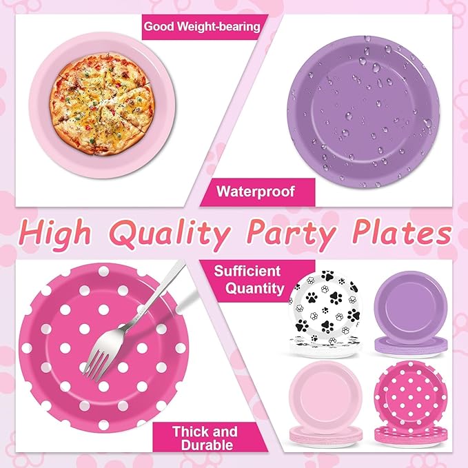 48Pcs Pink Paw Print Party Paper Plates for Dog Birthday Party Decorations 7" Puppy Dog Girl Party Disposable Dessert Plates for Pink Dog Themed Girls Birthday Baby Shower Party Supplies Favors
