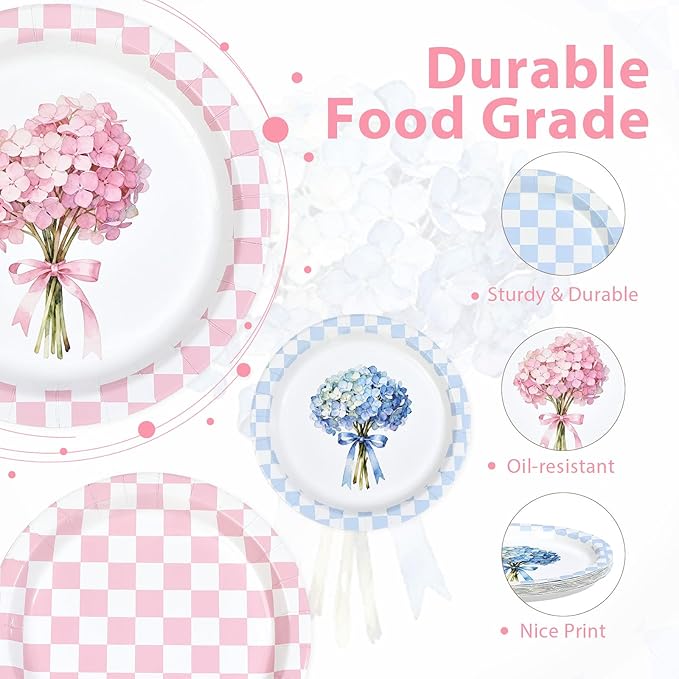 60Pcs Hydrangea Plaid Paper Plates 9" Heavy Duty Disposable Blue Pink Floral Dessert Plates Flower Checkered Party Decorations for Spring Baby Shower Wedding Bridal Shower Birthday Party Supplies