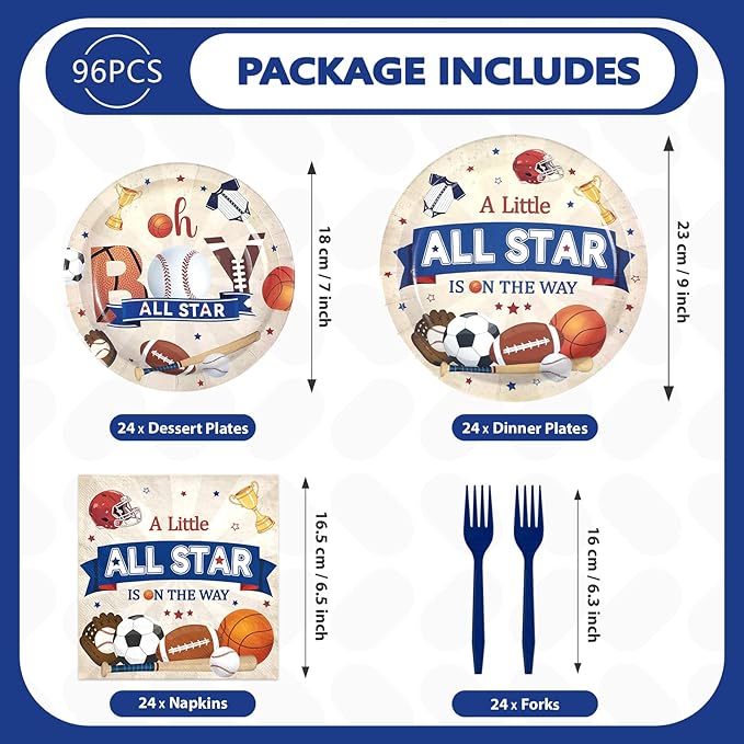 96Pcs Sports Baby Shower Party Supplies A Little All Star is On His Way Plates and Napkins Basketball Football Baseball Soccer Tableware Set for Boy Baby Shower Sports Supplies, Serves 24