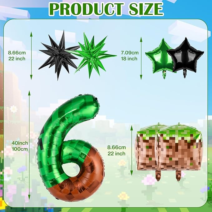 40 Inch Green Pixel Miner Number 6 Balloon Set, 7Pcs MIning Large Foil Balloon Video Game Themed Party Party Decorations for Kids' Anniversary Balloon Party Supplies Supplies