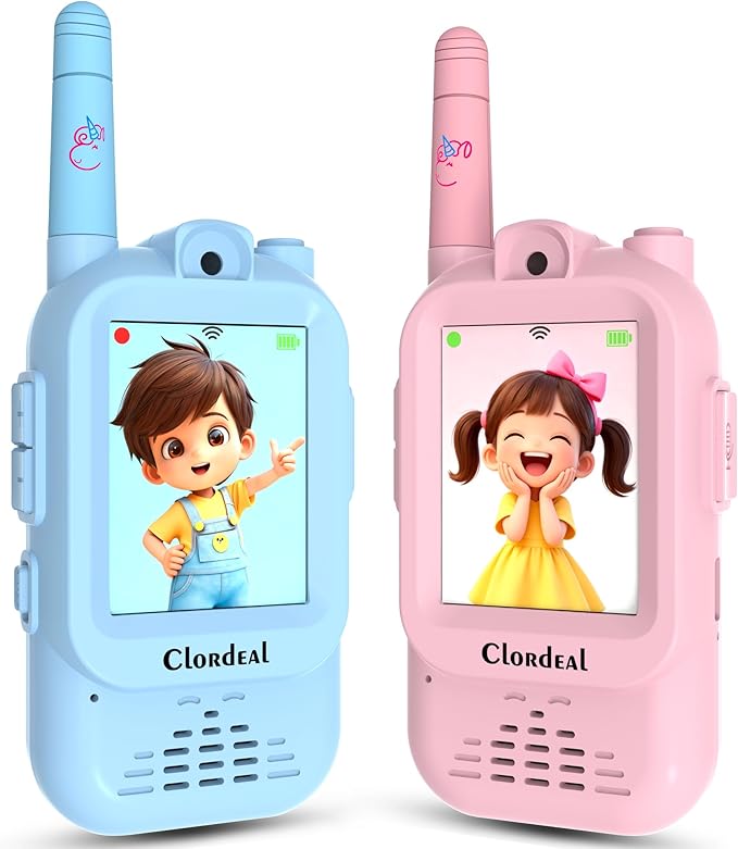 Video Walkie Talkies for Kids - with Camera, 5 Voice Effects, Creative Filters & Stickers, and Micro Chat, Walkie Talkie for Outdoor Exploration, Camping, Backyard (2 Pack Blue & Pink)