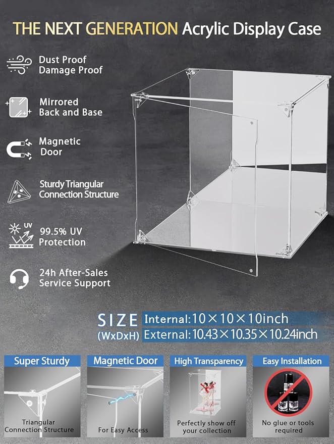Clear Acrylic Display Case with Mirrored Back and Base, UV Protected Acrylic Box with Magnetic Door, Dustproof Display Box Showcase for Collectibles, Figures, Models, Toys (10x10x10inch)