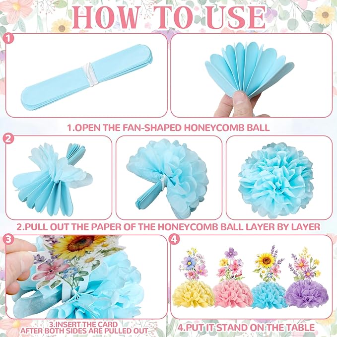 12Pcs Wildflowers Party Honeycomb Centerpieces Wildflower Spring Birthday Party Decorations Table Centerpieces Flower Birthday Paper Centerpieces for Wedding Baby Shower Supplies