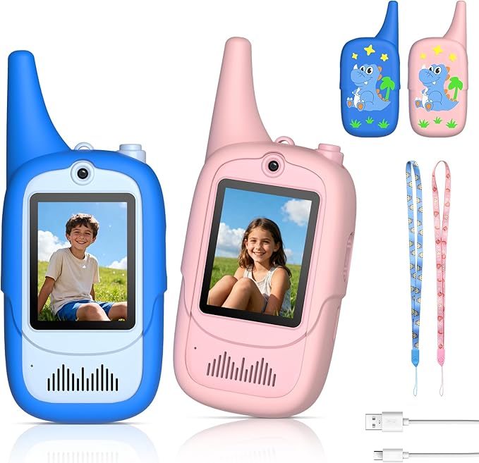 FUNYKICH 2PCS Video Walkie Talkies for Kids with Dinosaur-Themed Protective Case, Rechargeable Handheld Kids Video Intercom, Indoor Outdoor Toys for Games, Camping, Hiking for Boys Girls Ages 3-12