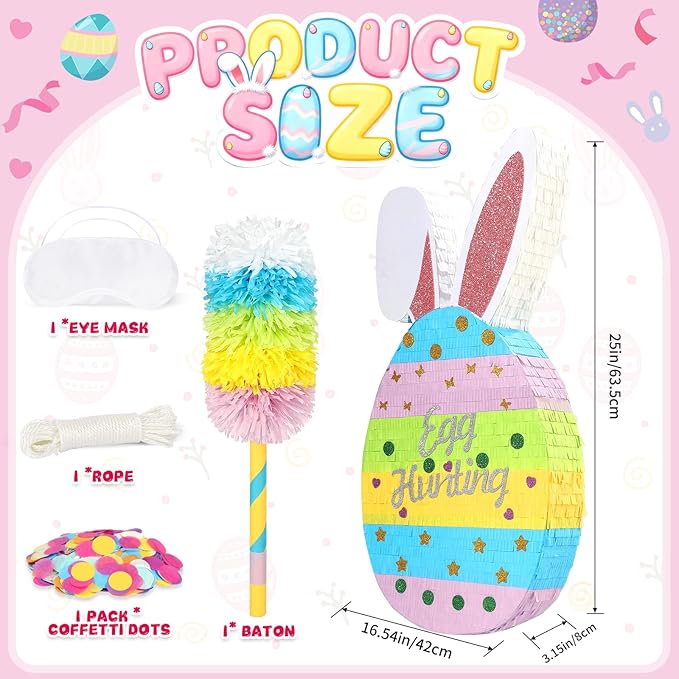 25" Easter Decorations Pinata Bunny Egg Piñata with Blindfold, Bat and Filler, Funny Cute Party Favors for Cute Birthday Pinata Egg Theme Kids and Adults Party Supplies Decoration