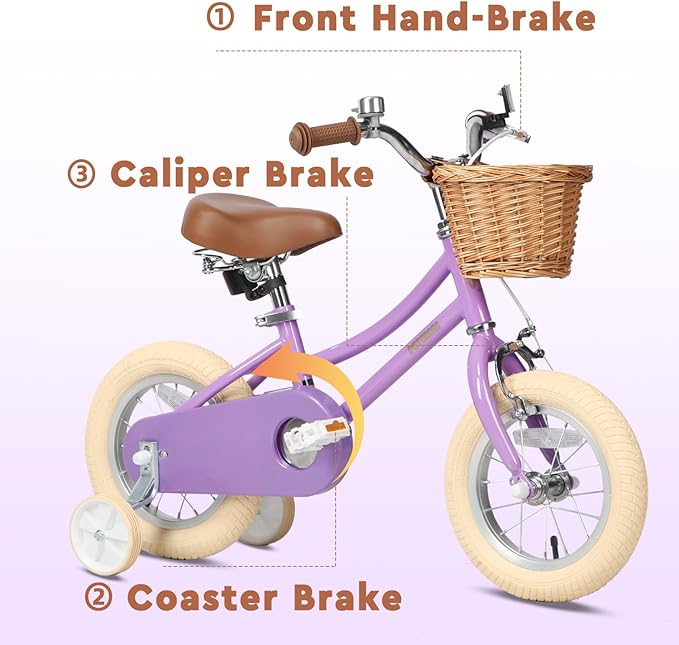 Petimini Vintage Kids Bike for Girls, 12–20 Inch Classic Bicycle with Wicker Basket & Bell, High Tensile Steel Frame, Training Wheels (12–18”), 85% Pre-Assembled, Retro Bike for Outdoor Riding