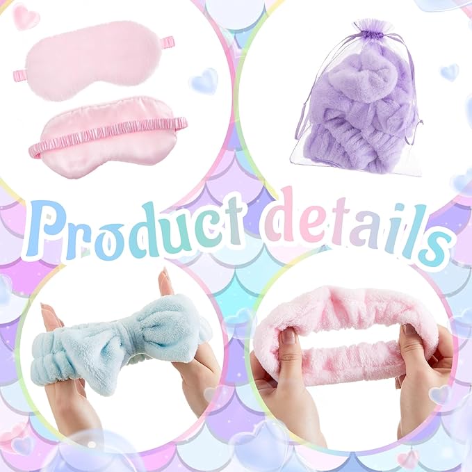 36 Pcs Sleepover Party Supplies for Girl Spa Slumber Birthday Favors Throw Blanket Pillow Eye Mask Headband Scrunchies (Solid Color,Mermaid Color)