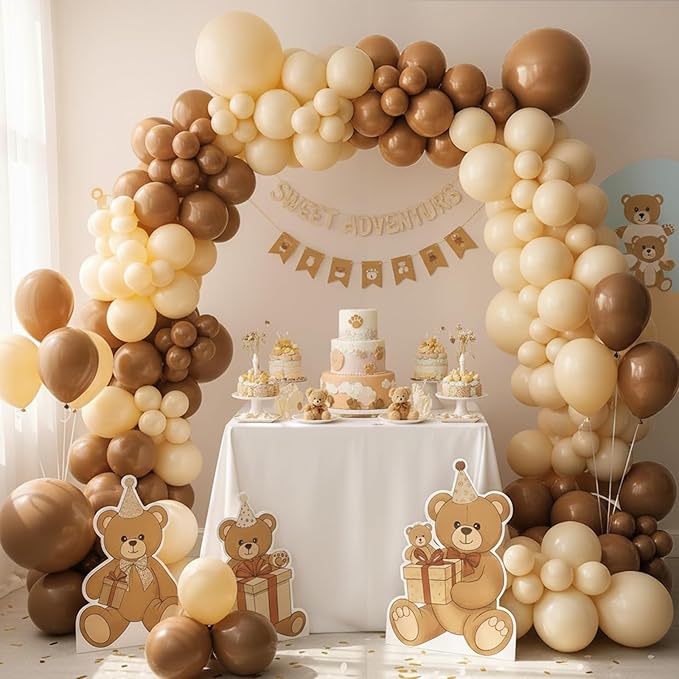 RUBFAC Brown Balloons 129pcs Different Sizes Pack of 18 12 10 5 Inch, Latex Boho Neutral Coffee Tan Balloon Garland Arch Kit for Safari Baby Shower Decorations Jungle Fall Bear Themed Birthday Party