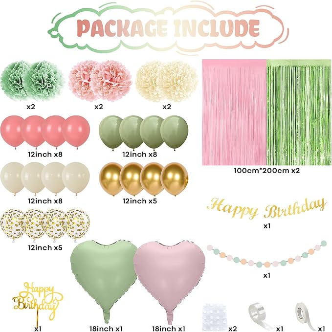 Sage Green Pink Birthday Decorations, Blush Pink Olive Green Gold Sand White Latex Confetti Balloons Boho Happy Birthday Banner Fringe Curtain Pompom for Women Girls Woodland Fairy Party Decor