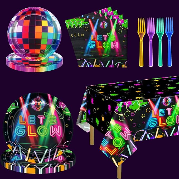 81Pcs Neon Party Supplies Set - Serves 20, Glow in the Dark Party Supplies, Includes Plates, Napkins, Fork, Tablecloth for Halloween Glow Birthday Decorations
