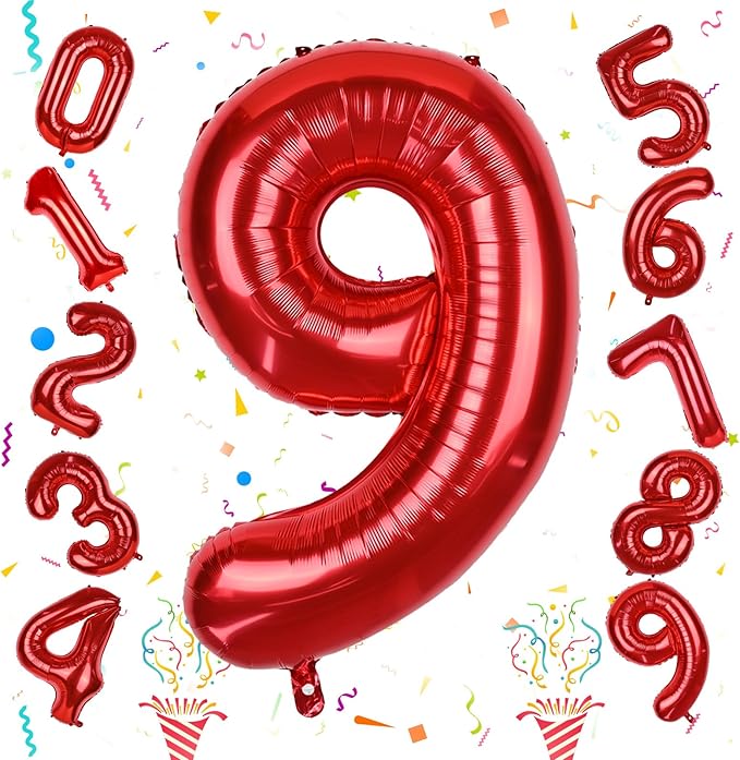 40 Inch Number 9 Balloons for Girls, Red Giant 9th Birthday Party Number Balloons 0-9 Set Decorations for Women Men Anniversary Celebration Graduation Party Decoration Supplies