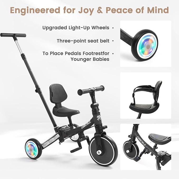 5-in-1 Tricycle for Toddlers 1-3, Convertible Toddler Bike with Push Handle & Removable Pedals, Balance Bike with Colorful Lighting Wheels, Adjustable Seat Height with Backrest (Black)