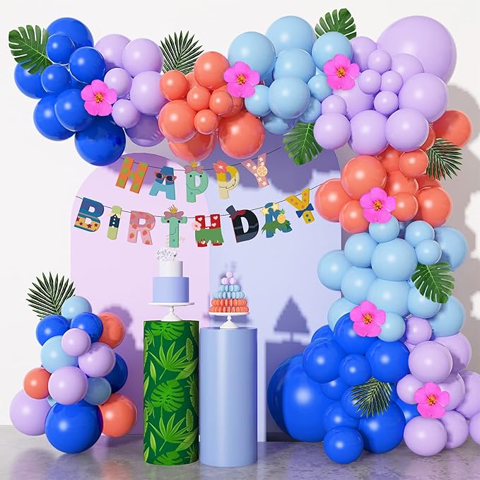 Stich 131Pcs Balloon Birthday Party Decorations - Blue Purple Arch Kit with Happy Birthday Banner, Palm Leaves, Flowers for Kids, Baby Shower, Tropical Party Supplies