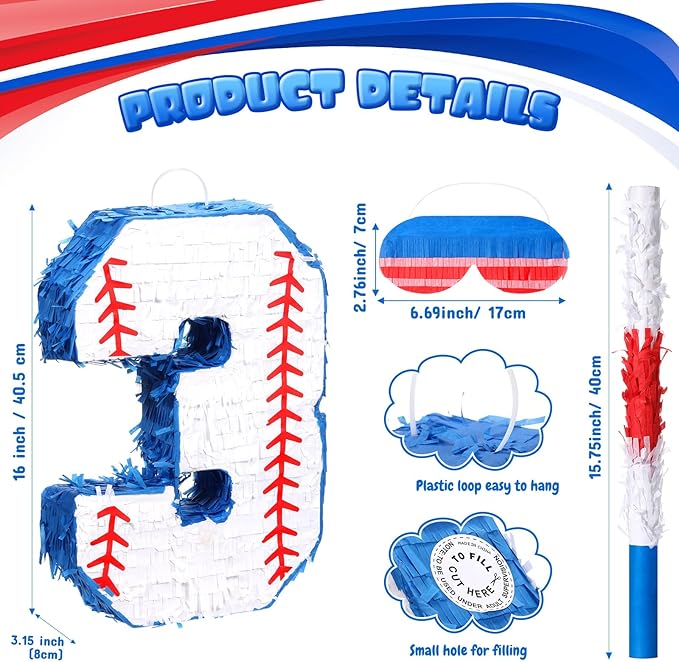 HyDren Baseball Piñata Baseball Party Decorations Number Piñata with Bat, Blindfold and Confetti, 16 Inch Sports Themed Birthday Party Supplies for Celebration Events(Number 3)