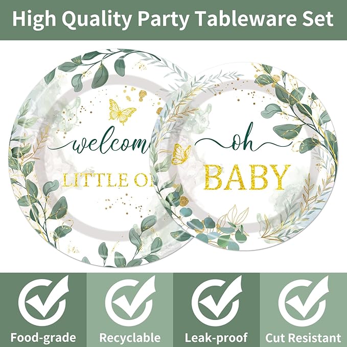 Sage Green Baby Shower Decorations - 96PCS Sage Plates and Napkins Party Supplies Welcome Little One Green Baby Shower Disposable Paper Tableware Set Serves 24 Guests