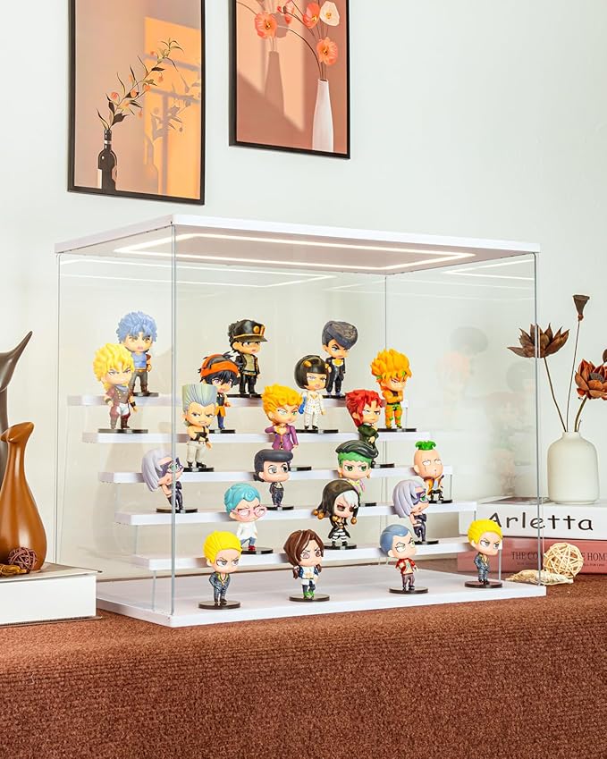 Clear Acrylic Display Case with Light , 6 Tier Display Box Stand Assembly Dustproof Protection Showcase for Collectibles Action Figures (White 6 Tier L 19.7*12.6*16.5in；50×32×42cm)