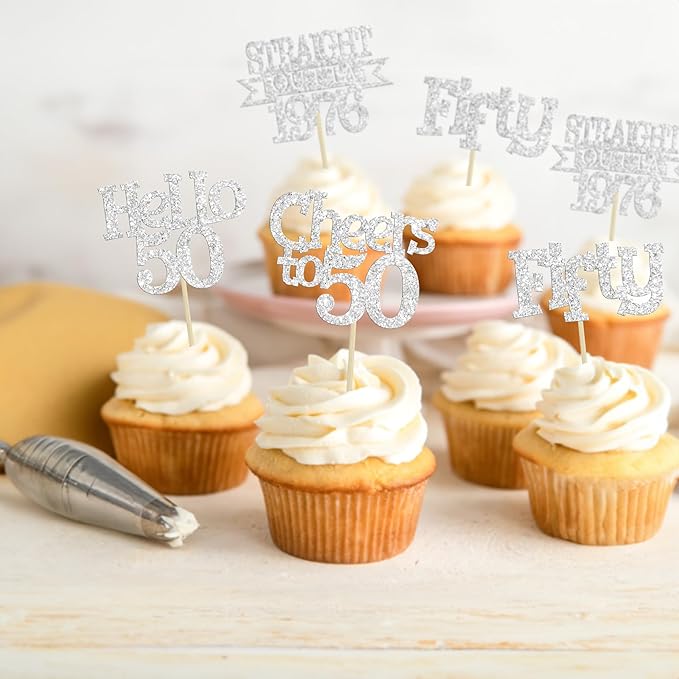 Ephlyn 24Pcs Happy 50th Birthday Cupcake Toppers Glitter Straight Outta 1976 Cupcake Picks Hello 50 Cheers to 50 Years Birthday Cake Decorations for 50th Birthday Anniversary Party Supplies Silver