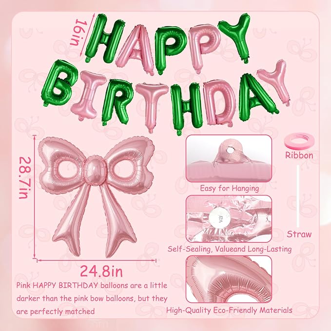 Pink and Green Happy Birthday Balloons, 31”Huge Pink Bow Aluminum Foil Balloons for Girl Woman Birthday Princess Bachelorette Witch Party Decorations Supplies