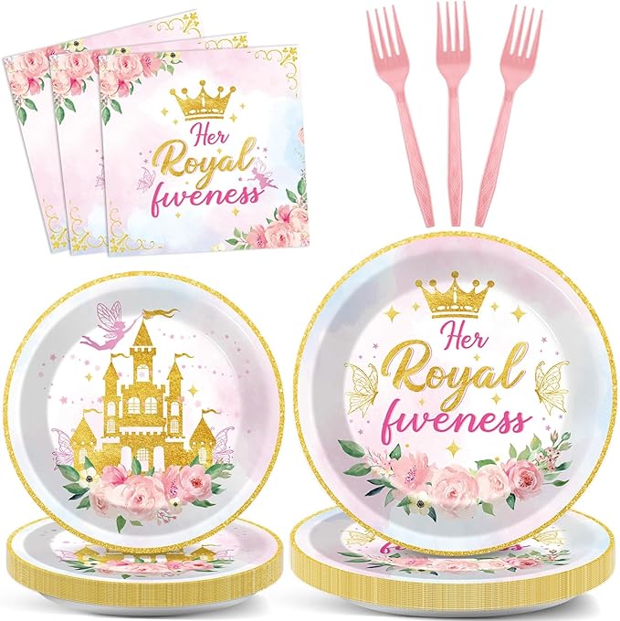 CHUNNIN 96Pcs Princess 5th Birthday Plates and Napkins Her Royal Fiveness Decorations Princess Party Dessert Plates Rainbow Castle Tableware for 24 Guests 5th Theme Girl Baby Shower Party Supplies
