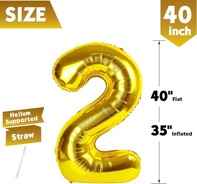 40 Inch Gold Number 2 Balloon, Giant 2 Number Balloons for 2nd Birthday Decorations, Party Supplies for Baby Boy Girl, Gold Party Decor