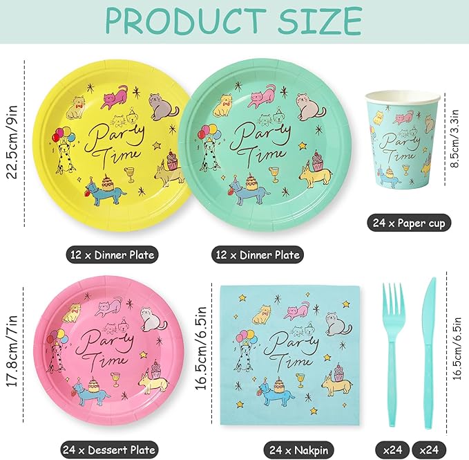 144Pcs Dog Cat Birthday Party Supplies Decorations Pet Themed Paper Plates Napkins Vintage Puppy Party Tableware Disposable Dinnerware Set for Kids Birthday Baby Shower Table Decor, Serve 24